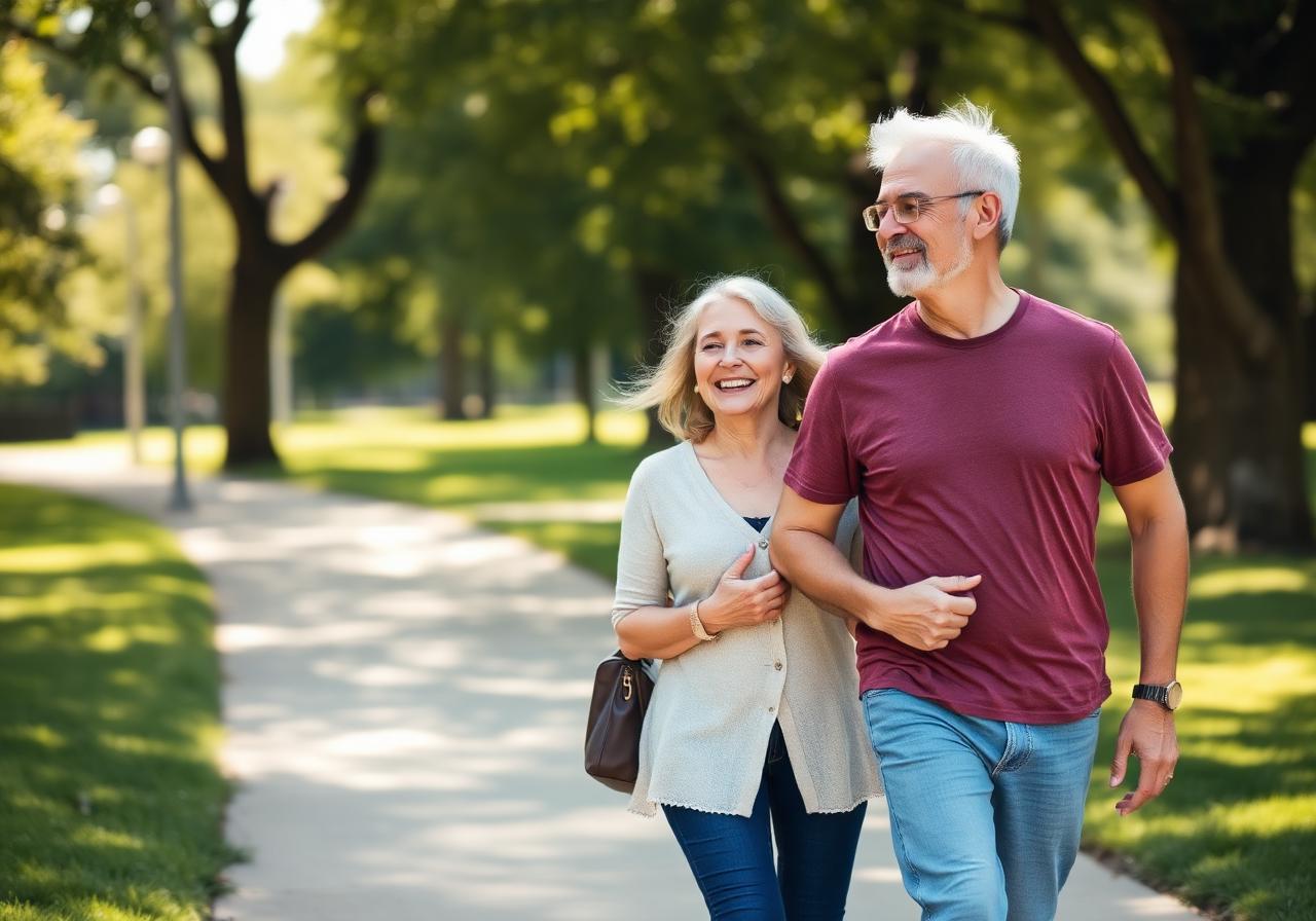 Active couple walking together outdoors in a sunny park