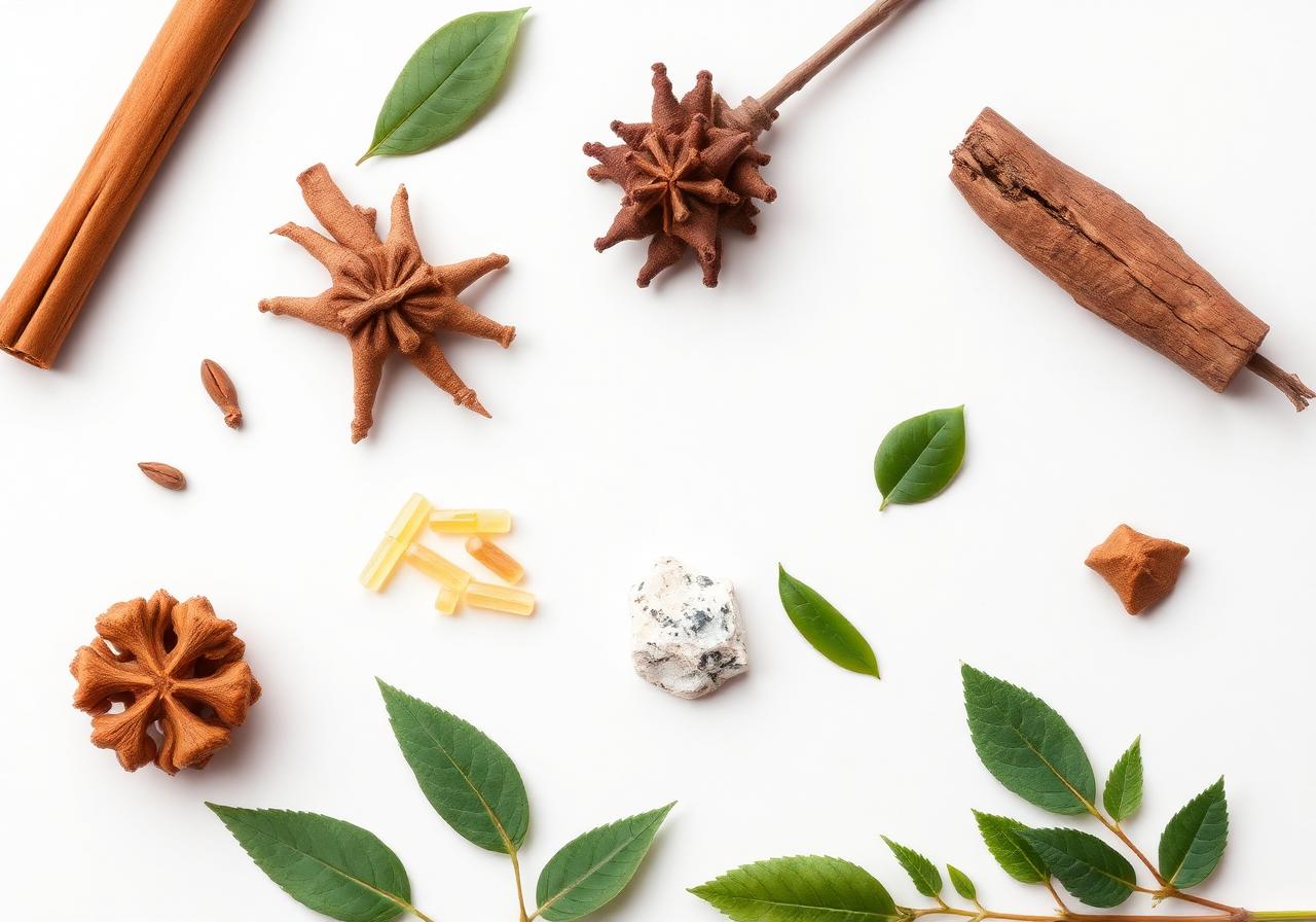 Cinnamon, botanical roots, green leaves and mineral crystals arranged on a white background
