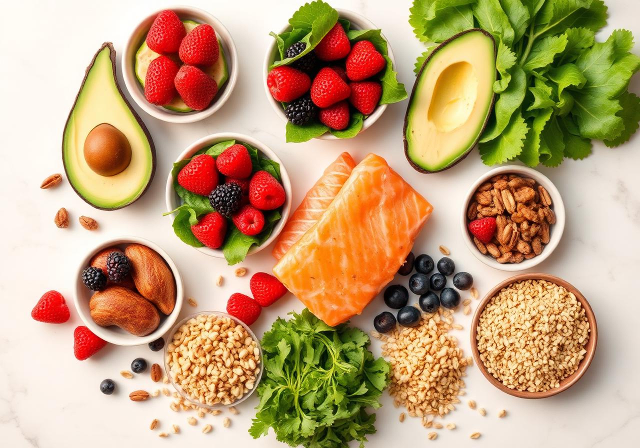 Balanced plate of vegetables, berries, salmon, nuts and whole grains